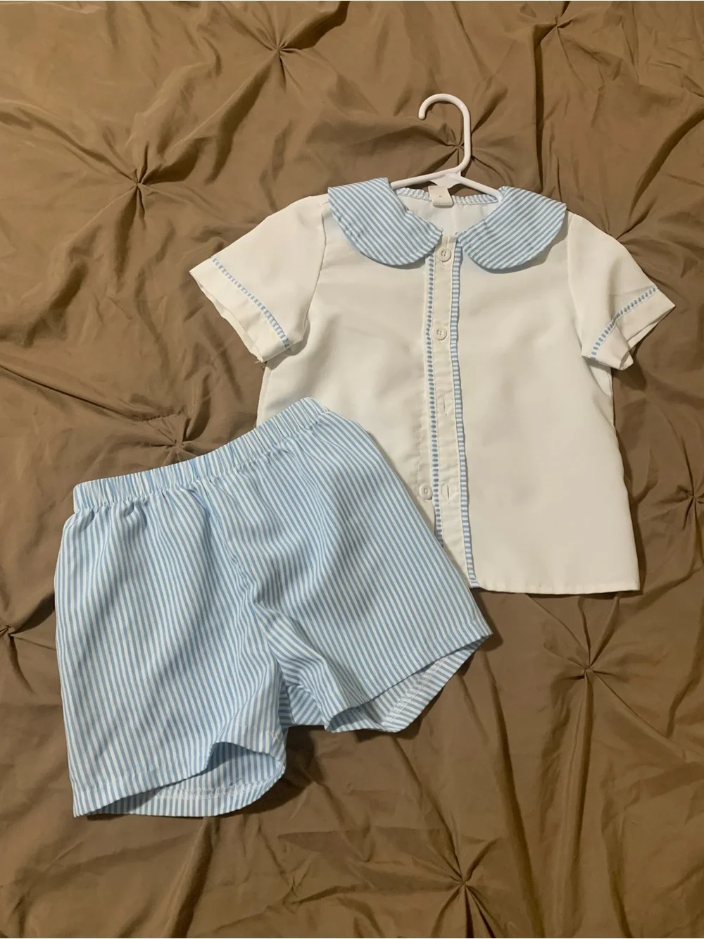 SHEIN White Top with Light Blue Striped Collar and Shorts Set